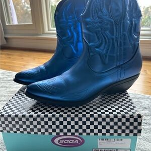 Soda Metallic Blue Cowboy Ankle Boots